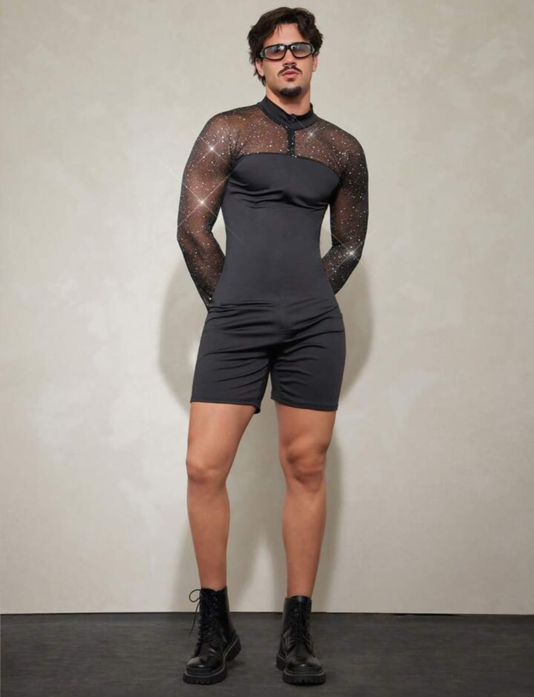 Men's Glitter Mesh Panel Bodycon Romper Jumpsuit for Party & Stage Wear